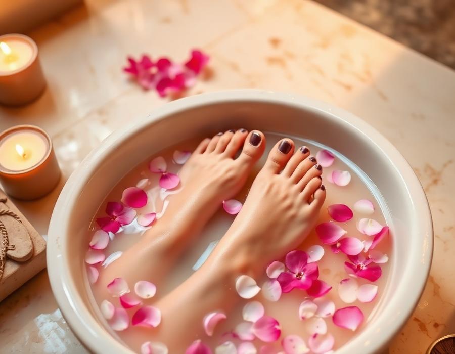 Pedicure foot bath with flower petals